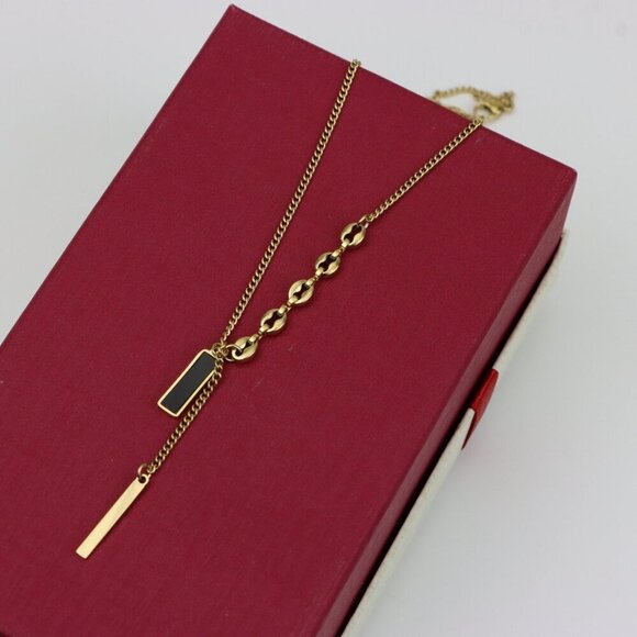 Gold Plated Dual Bar Drop Necklace with Bold Link Detail, XPNL0388 - Picture 4 of 13